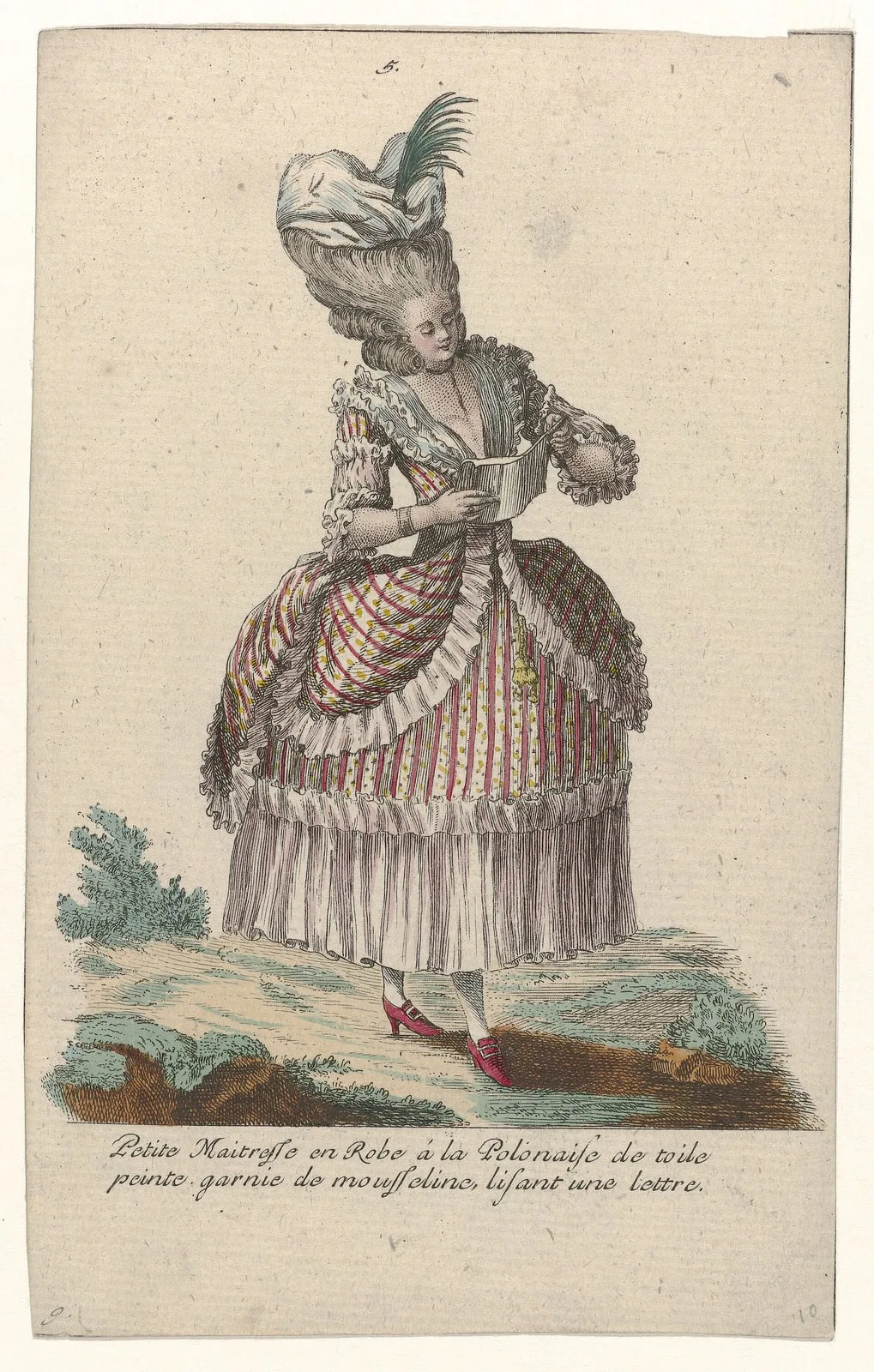 Gallerie des Modes et Costumes Français, 1785, nr. 5, nr. 9, Kopie naar G 39 Petite Maitresse en Robe a la Polonais (..)., RP-P-2009-1230