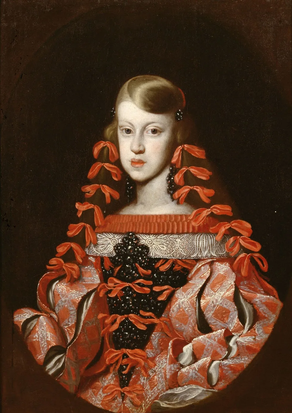 Infantin Margarita Teresa (1651-1673), Kaiserin, in rot-silberfarbenem Seidenkleid