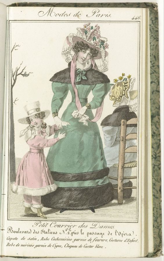 Petit Courrier des Dames, 1827, No. 446: Capote de satin...