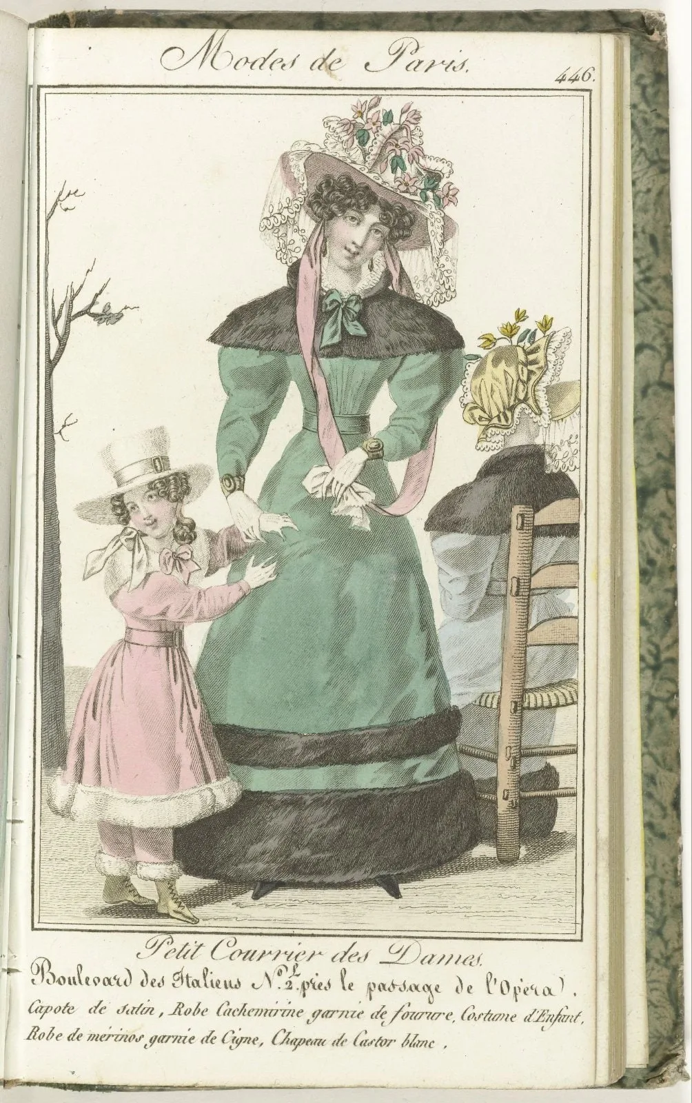Petit Courrier des Dames, 1827, No. 446: Capote de satin...