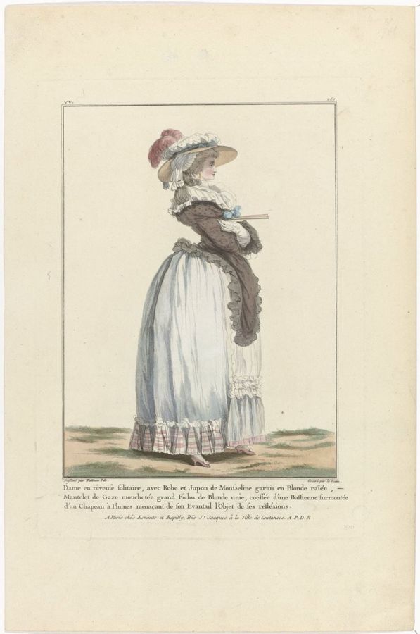 Gallerie des Modes et Costumes Francais, 1784, vv 257 : Dame en rêveuse solitaire..