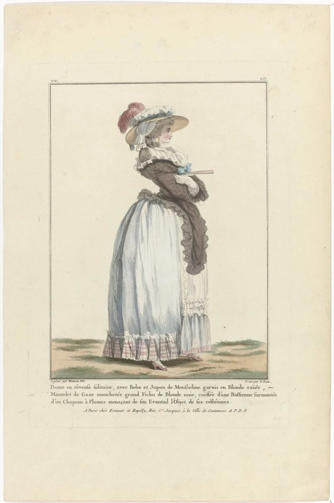 Gallerie des Modes et Costumes Francais, 1784, vv 257 : Dame en rêveuse solitaire..