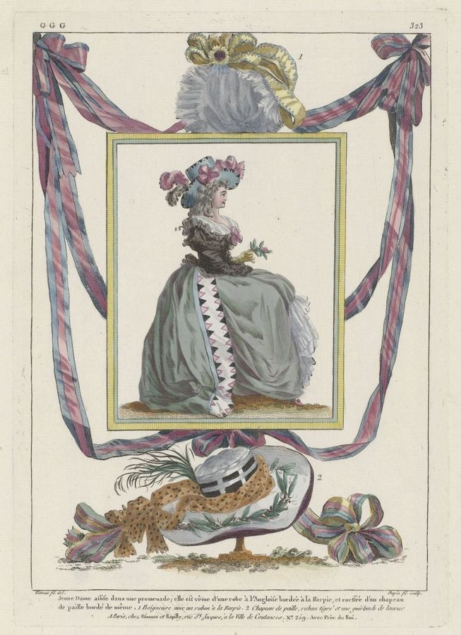 Gallerie des Modes et Costumes Français, 1787, GGG 323: Jeune dame assise dans une promenade; (...)