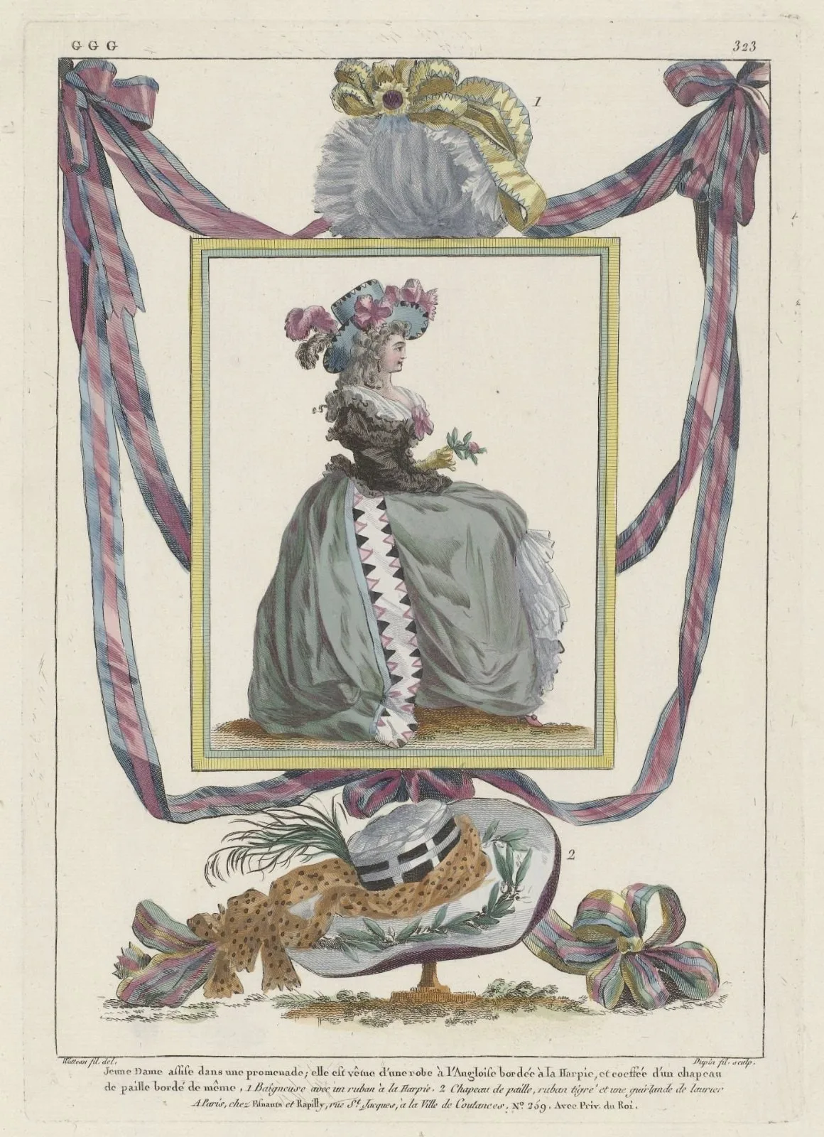 Gallerie des Modes et Costumes Français, 1787, GGG 323: Jeune dame assise dans une promenade; (...)
