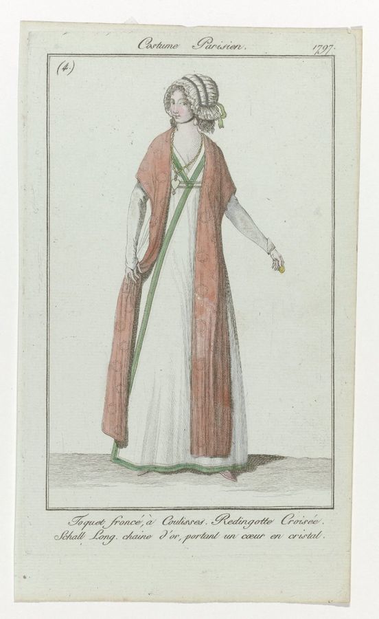 Journal des Dames et des Modes, Costume Parisien, août 1797, (4) : Toquet froncé à Coulisses (...)