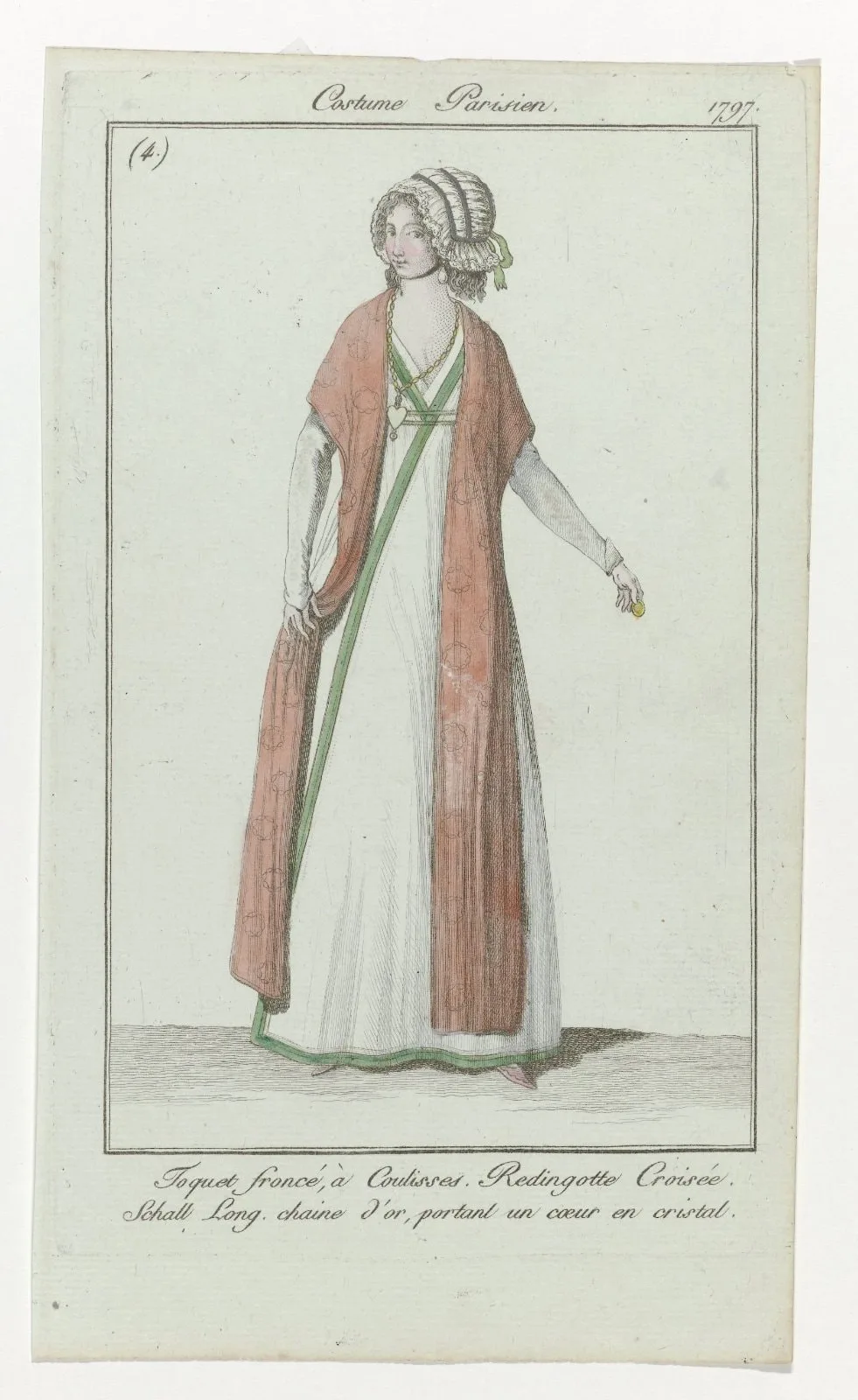 Journal des Dames et des Modes, Costume Parisien, août 1797, (4) : Toquet froncé à Coulisses (...)