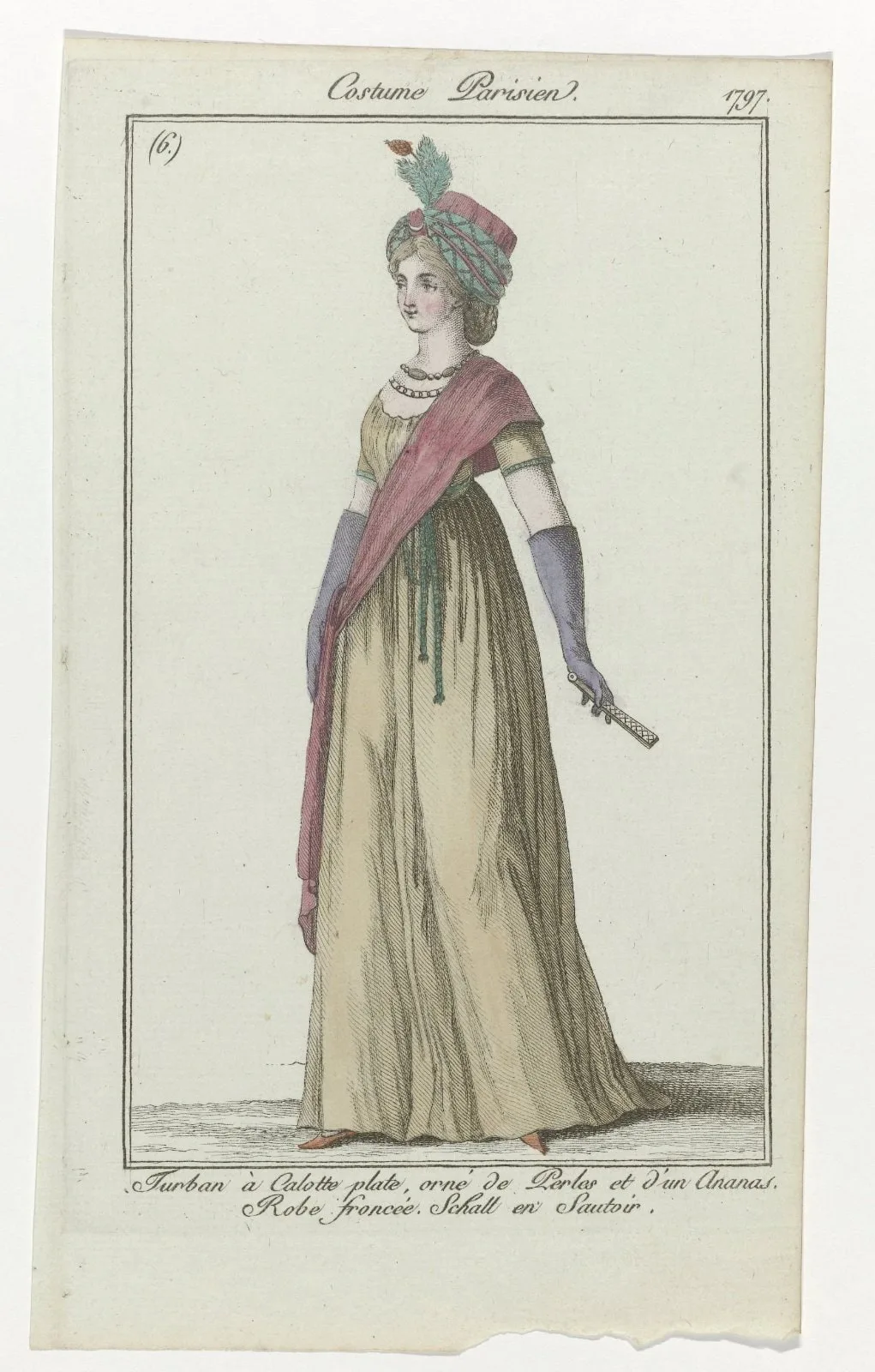 Journal des Dames et des Modes, Costume Parisien, 21 septembre 1797, (6)(ter) : Turban à Calotte plat (...)
