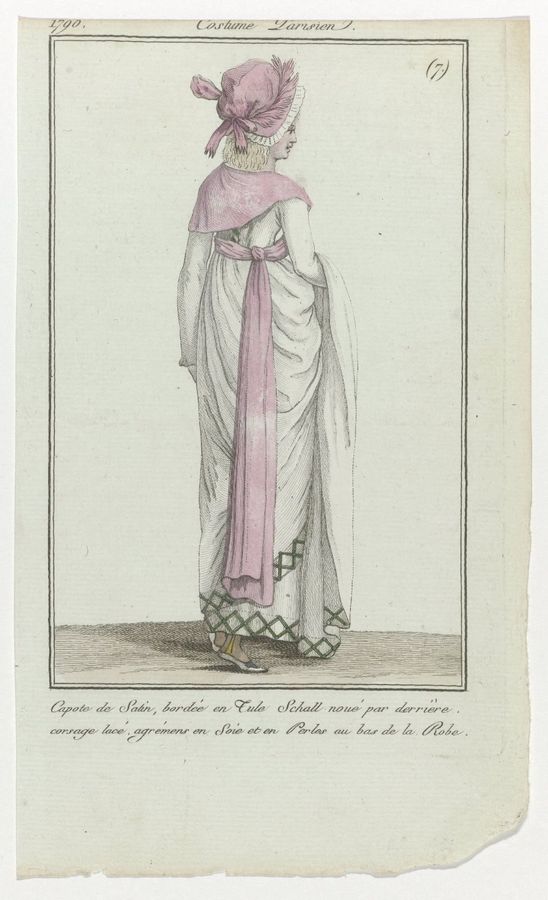 Journal des Dames et des Modes, Costume Parisien, 18 février 1798, (7) : Capote de Satin (...)