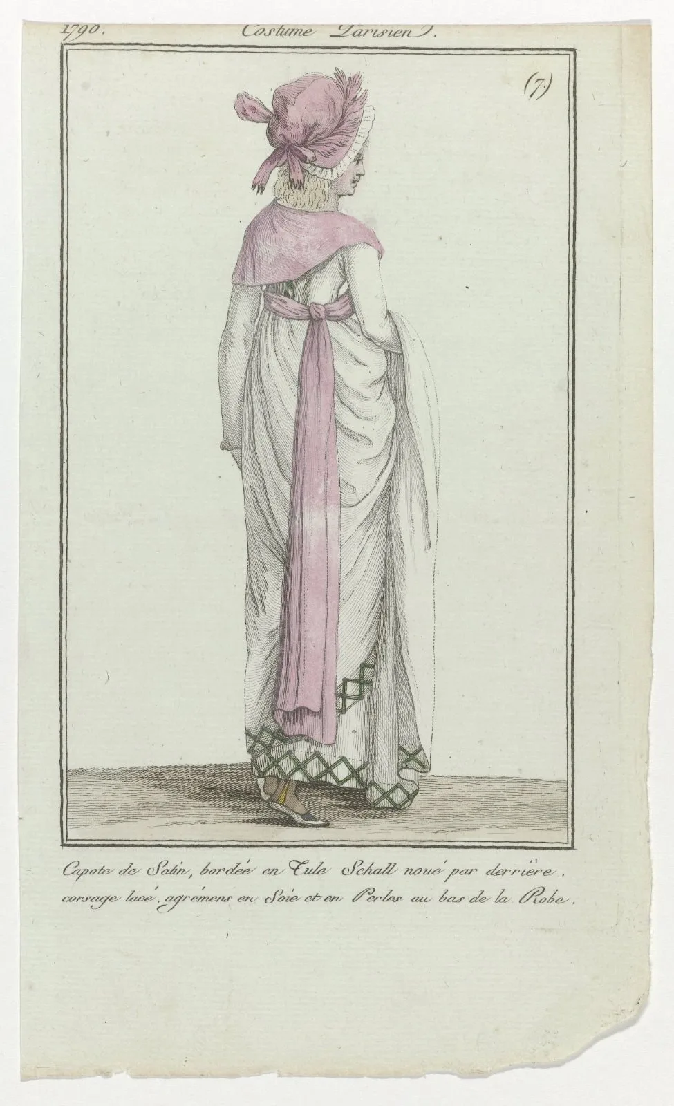 Journal des Dames et des Modes, Costume Parisien, 18 février 1798, (7) : Capote de Satin (...)