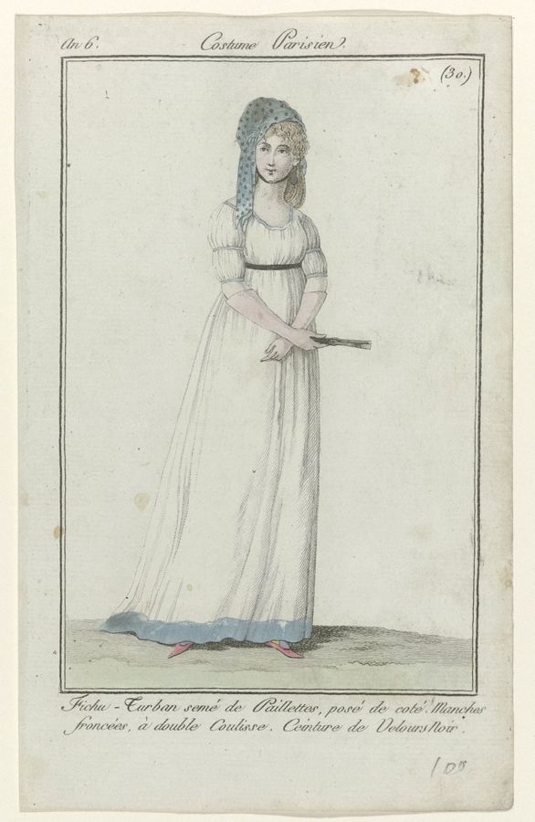 Journal des Dames et des Modes, Costume Parisien, 10 avril 1798, An 6 (30) : Fichu- Turban semé (...)