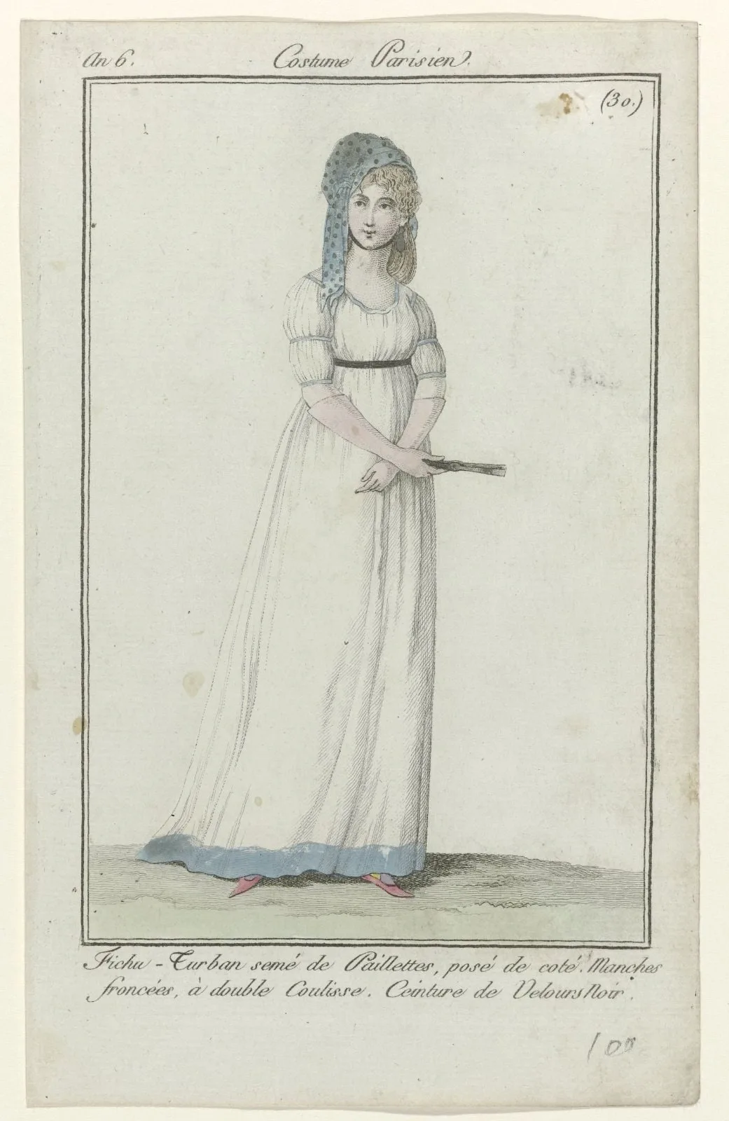 Journal des Dames et des Modes, Costume Parisien, 10 avril 1798, An 6 (30) : Fichu- Turban semé (...)