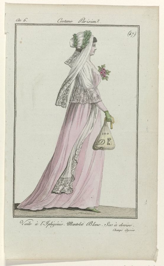 Journal des Dames et des Modes, Costume Parisien, 3 juillet 1798, An 6, (47) : Voile à l'Iphigénie (...)