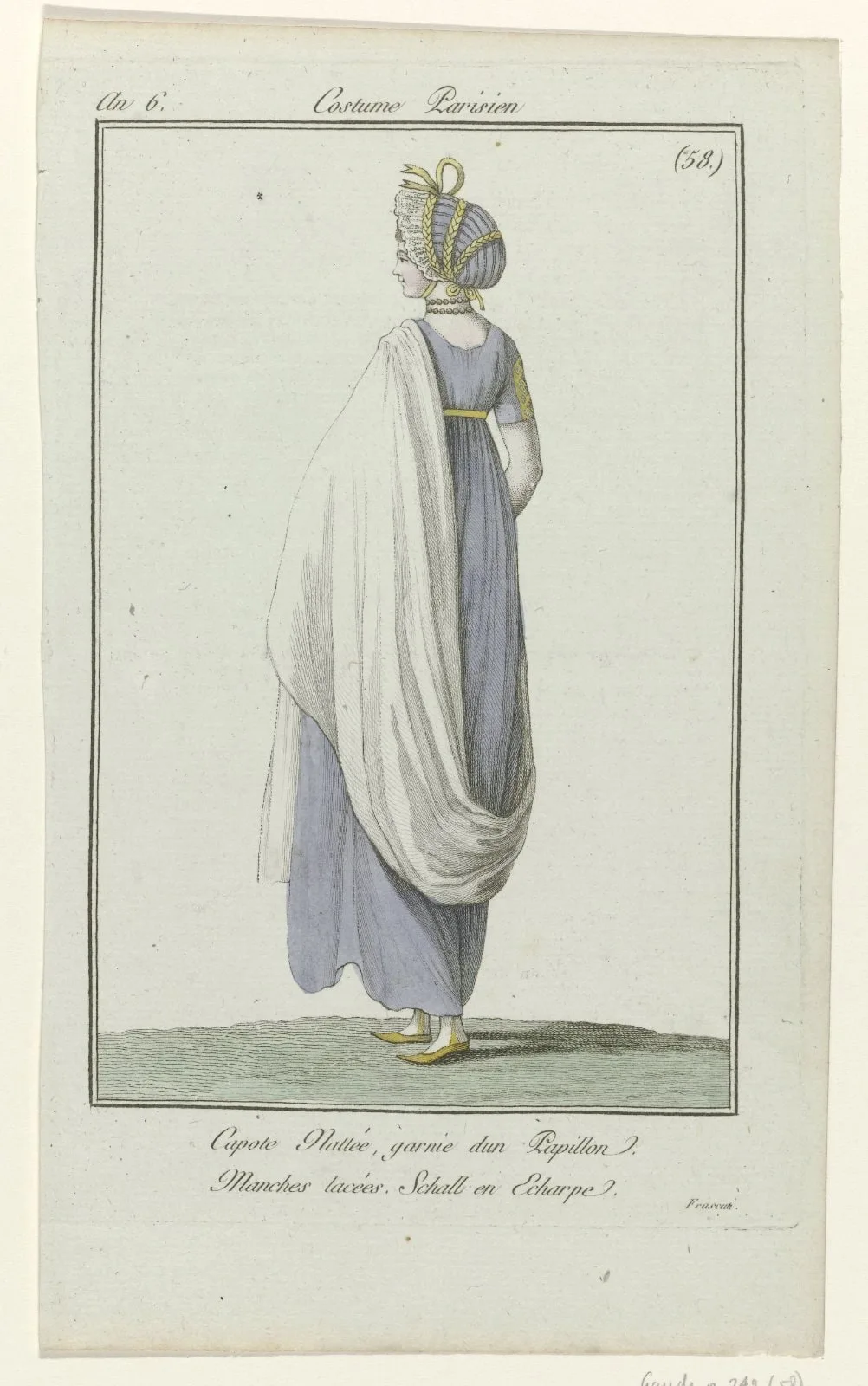 Journal des Dames et des Modes, Costume Parisien, 27 août 1798, An 6, (58) : Capote Natté (...)