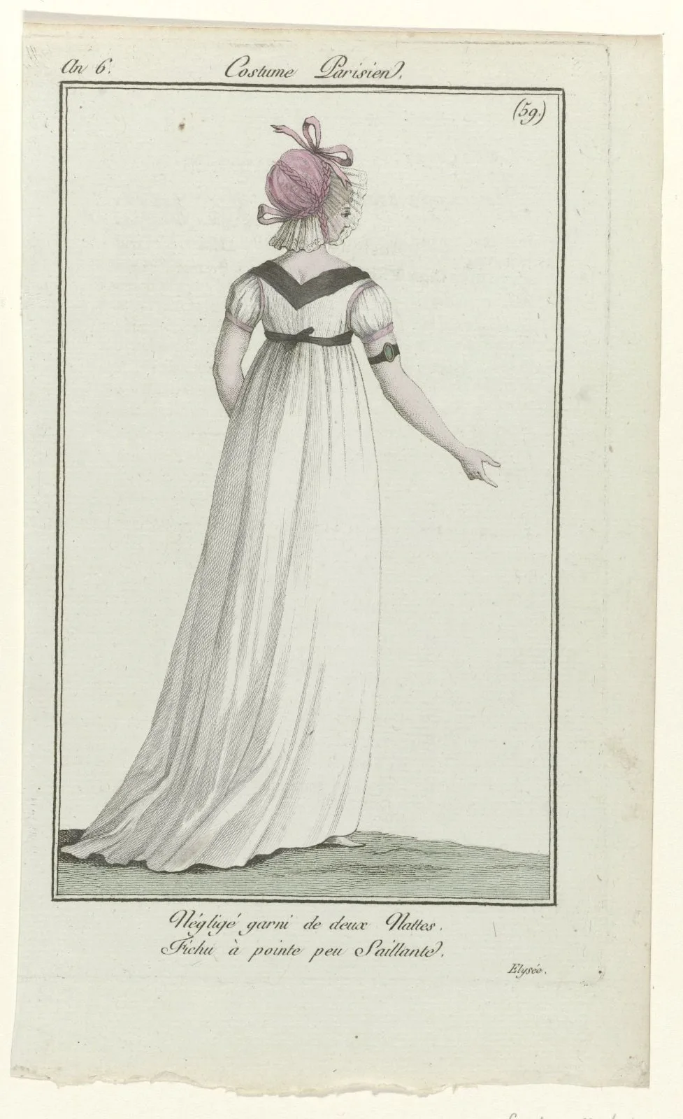Journal des Dames et des Modes, Costume Parisien, 1 septembre 1798, An 6 (59) : Négligé garni de deux Nattes (...)