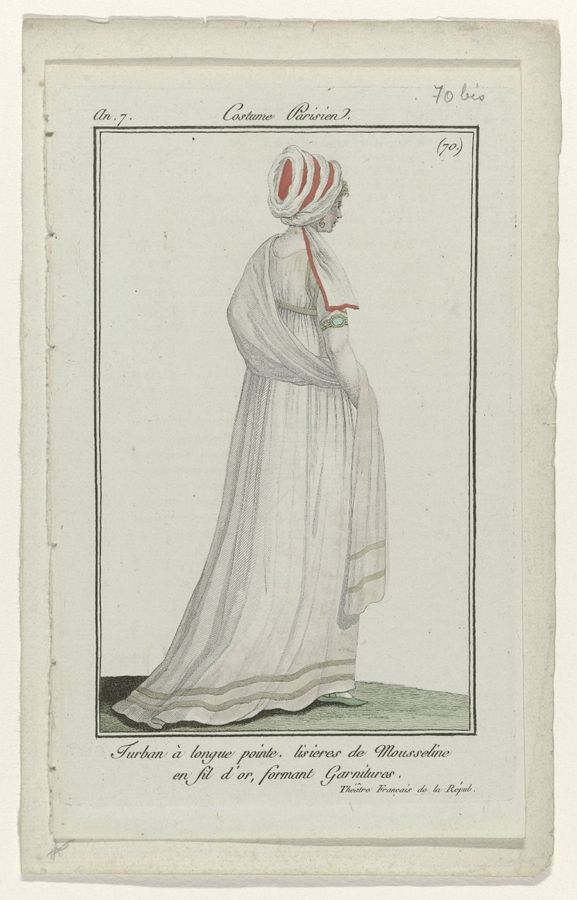 Journal des Dames et des Modes, Costume Parisien, 27 octobre 1798, An 7 (70 bis) : Turban à longue point (...)
