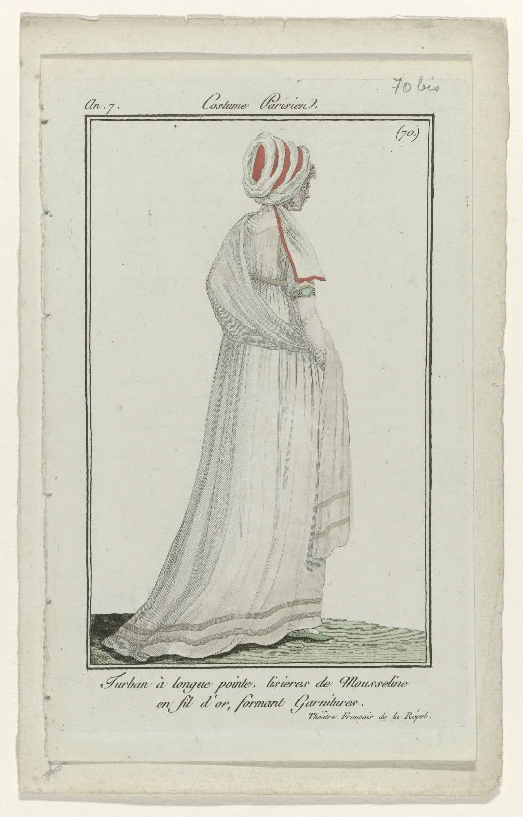 Journal des Dames et des Modes, Costume Parisien, 27 octobre 1798, An 7 (70 bis) : Turban à longue point (...)