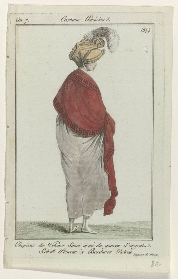 Journal des Dames et des Modes, Costume Parisien, 14 janvier 1799, An 7 (84) : Chapeau de velours Souc (...)