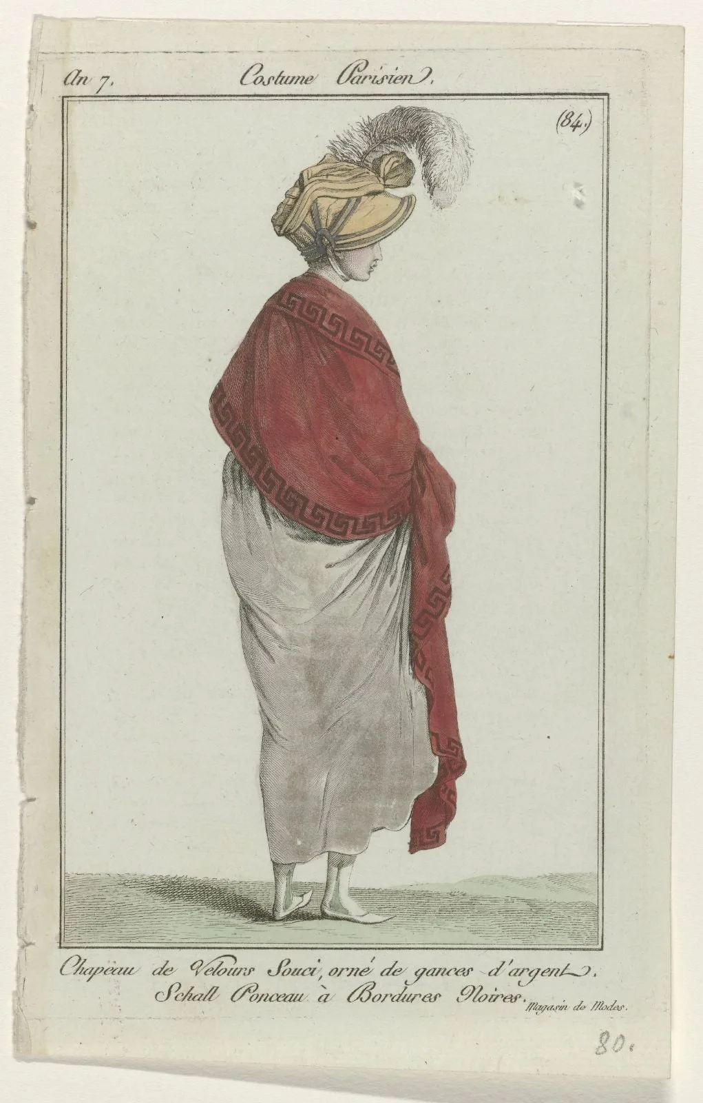 Journal des Dames et des Modes, Costume Parisien, 14 janvier 1799, An 7 (84) : Chapeau de velours Souc (...)
