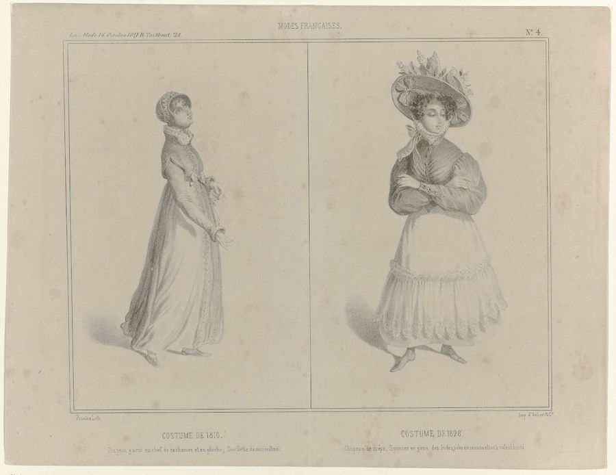 La Mode, 16 octobre 1841, No. 4: Modes Francaises: Costume de 1810 / Costume de 1828