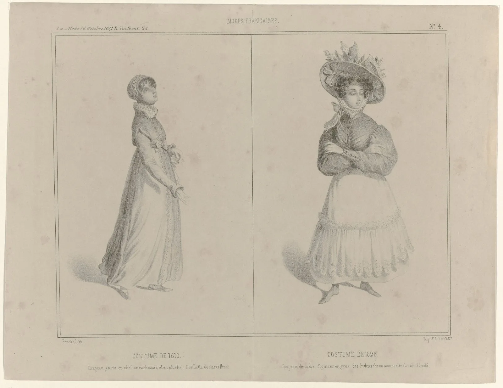 La Mode, 16 octobre 1841, No. 4: Modes Francaises: Costume de 1810 / Costume de 1828