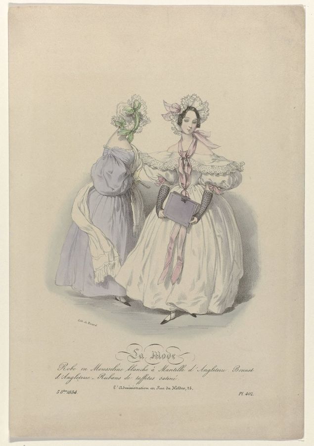 La Mode, 5 octobre 1834, Pl. 402, Robe en Mousseline blanch (...)