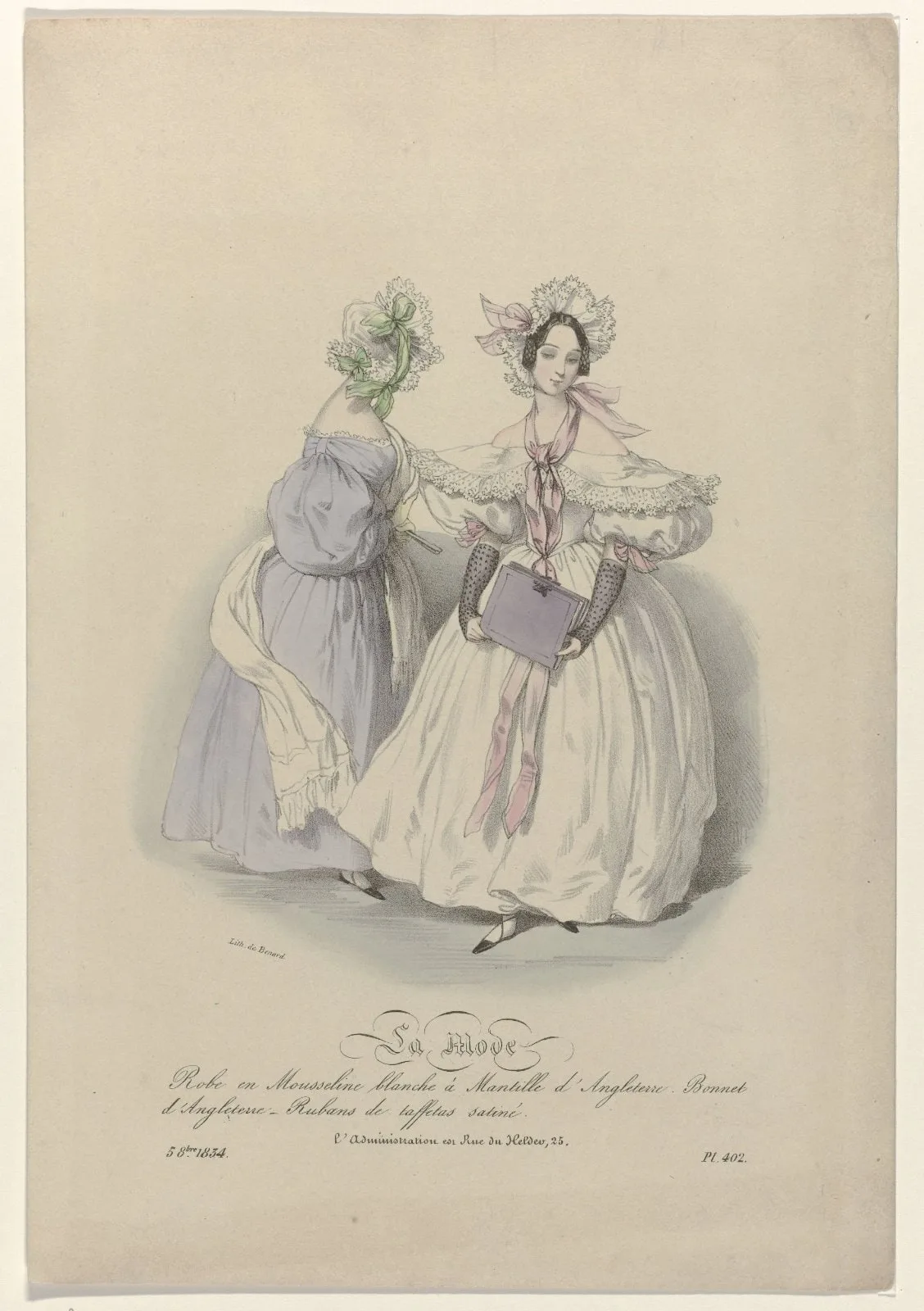 La Mode, 5 octobre 1834, Pl. 402, Robe en Mousseline blanch (...)