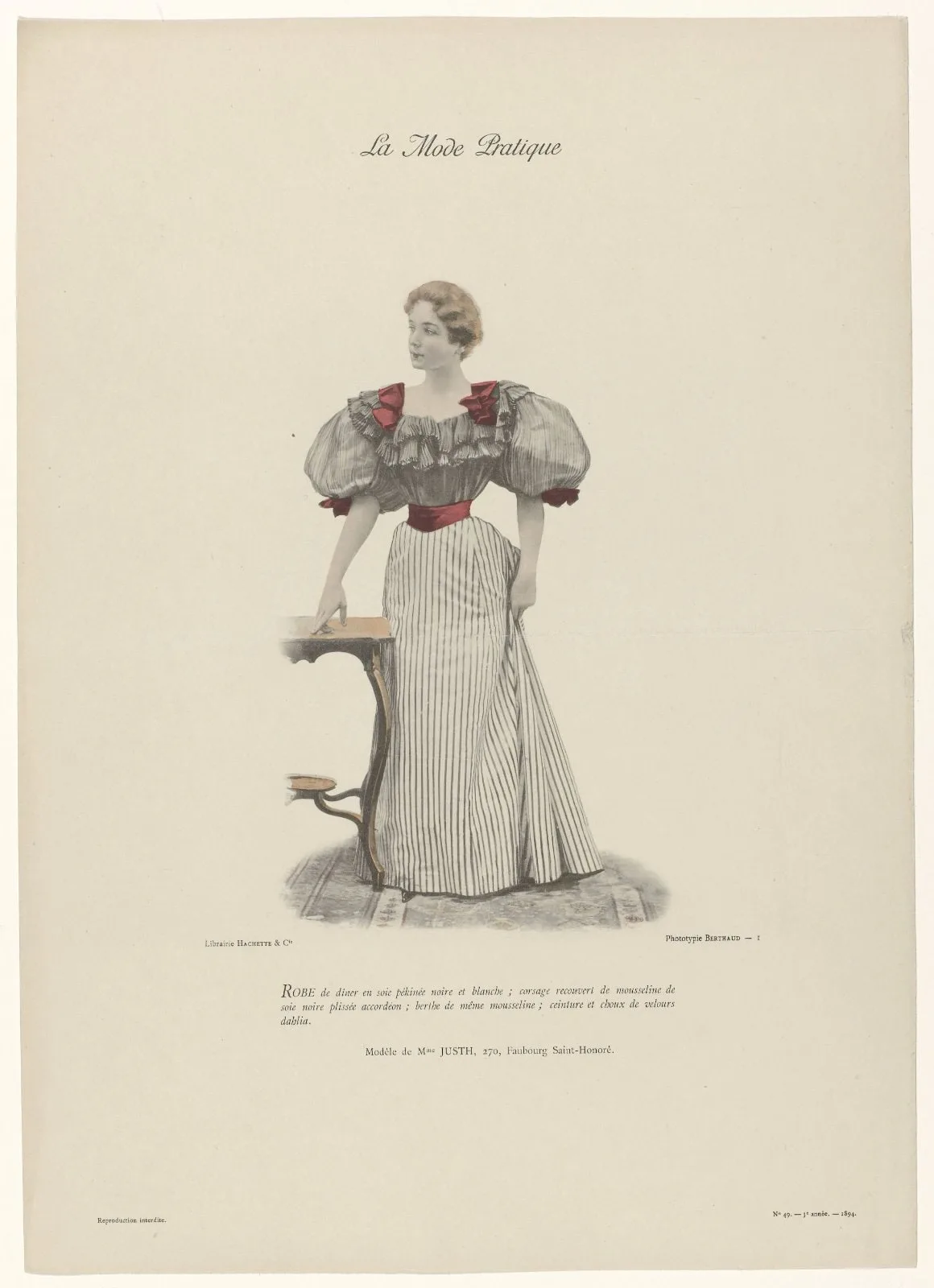 La Mode Pratique, 1894, 3e année, No. 49 : Robe de diner en soie pékiné (...)