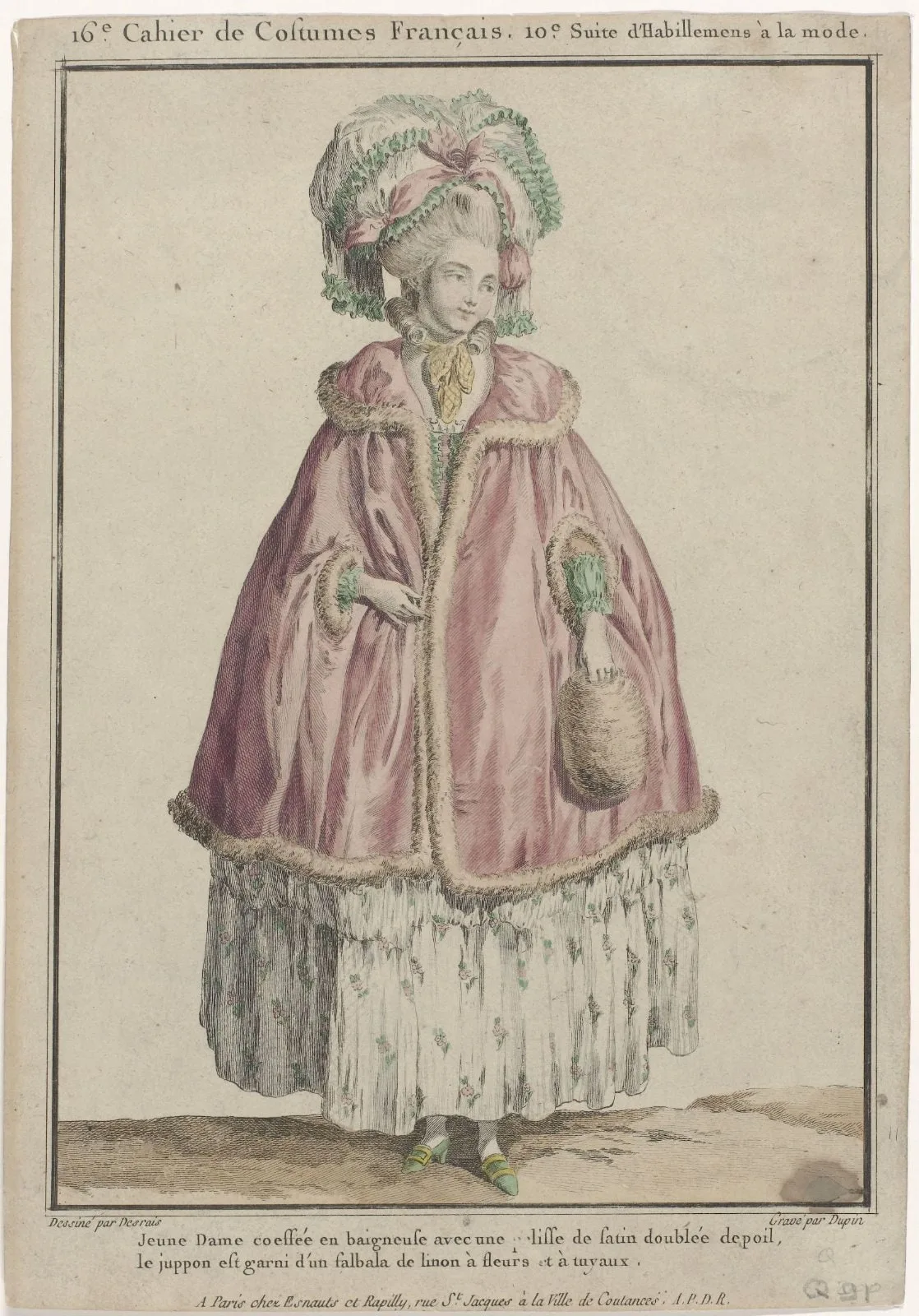 Gallerie des Modes et Costumes Français, 1778, Q 91 : Jeune Dame coeffée en baigneus (...)