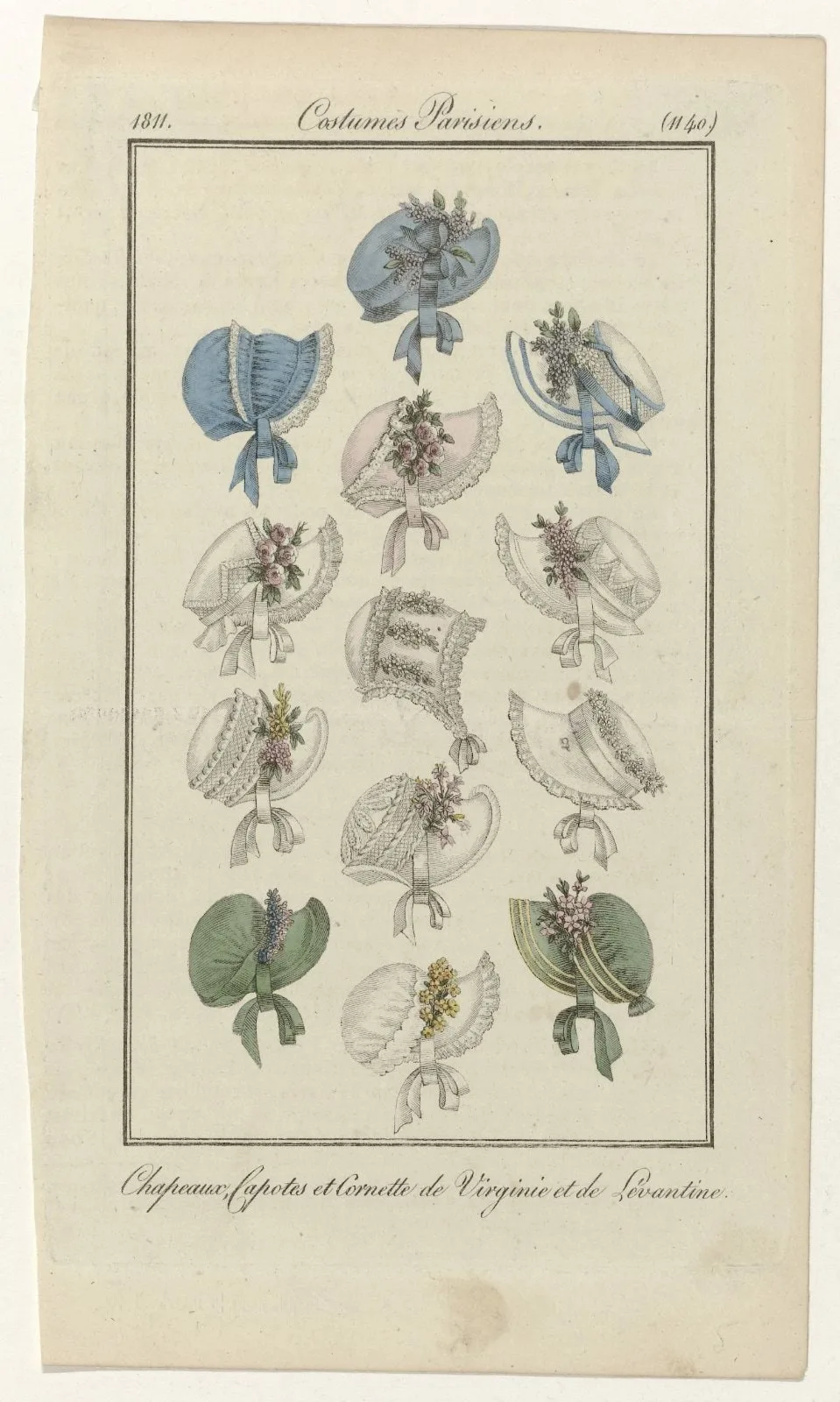 Journal des Dames et des Modes, Costume Parisien, 30 avril 1811, (1140): Chapeaux, Capotes et Cornett (...)