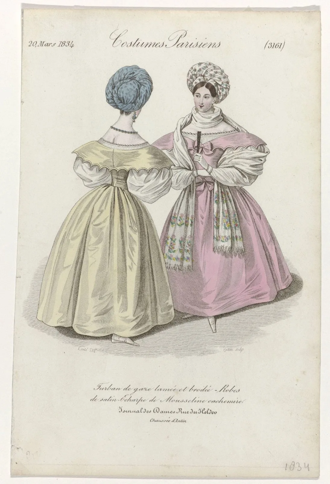 Journal des Dames et des Modes, Costumes Parisiens, 20 mars 1834, (3161): Turban de gaze lamé (...)