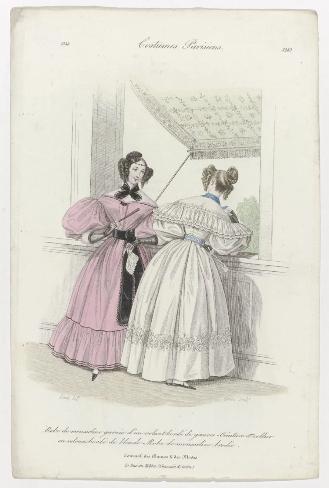Journal des Dames et des Modes, Costumes Parisiens 1835 (3282): Robe de mousselin (...)