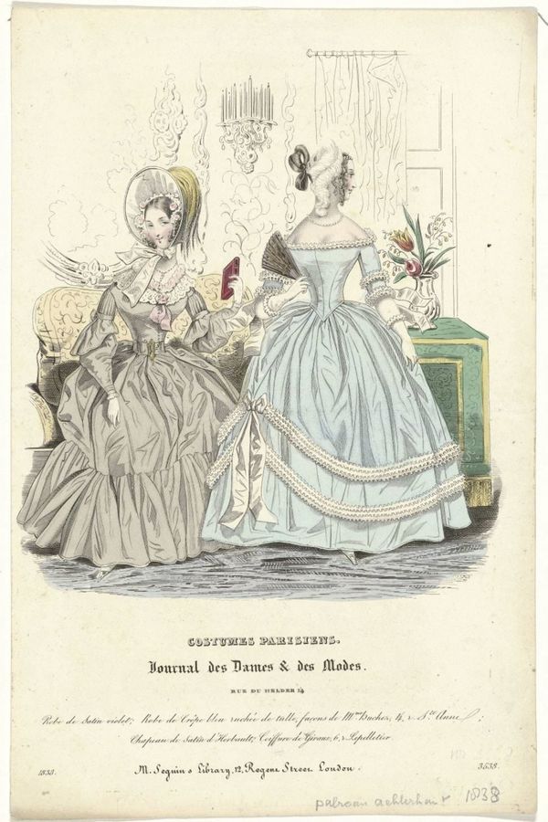 Journal des Dames et des Modes, Costumes Parisiens, 1838, (3538): Robe de satin violet (...)
