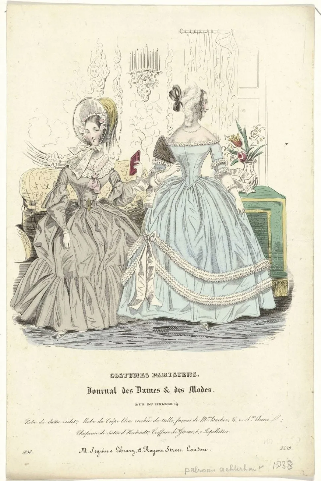 Journal des Dames et des Modes, Costumes Parisiens, 1838, (3538): Robe de satin violet (...)