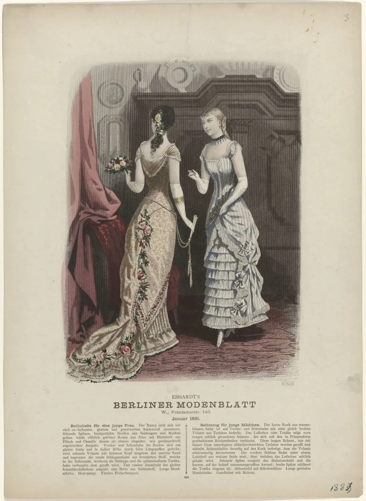 Berliner-Modenblatt, Januar 1881, Nr. 632 : Baltoilette für eine junge Frau (...)
