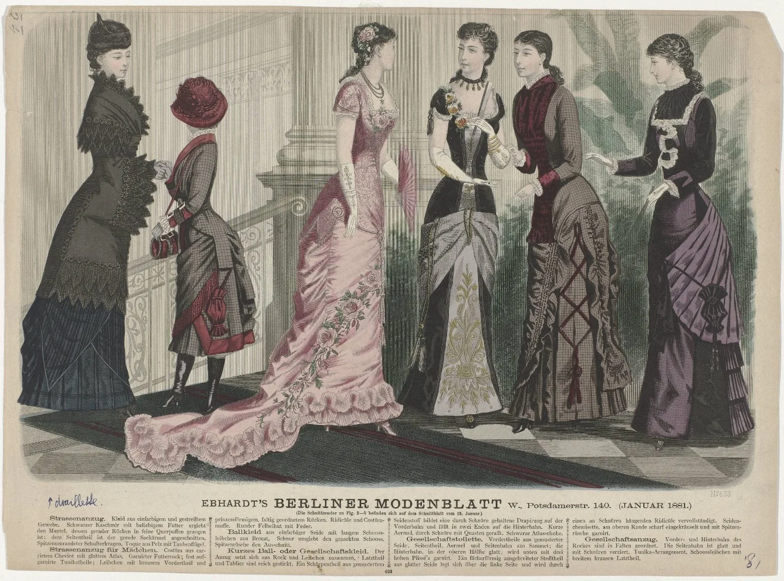 Berliner-Modenblatt, Januar 1881, No. 633 : Strassenanzug. Kleid aus einfarbigem (...)