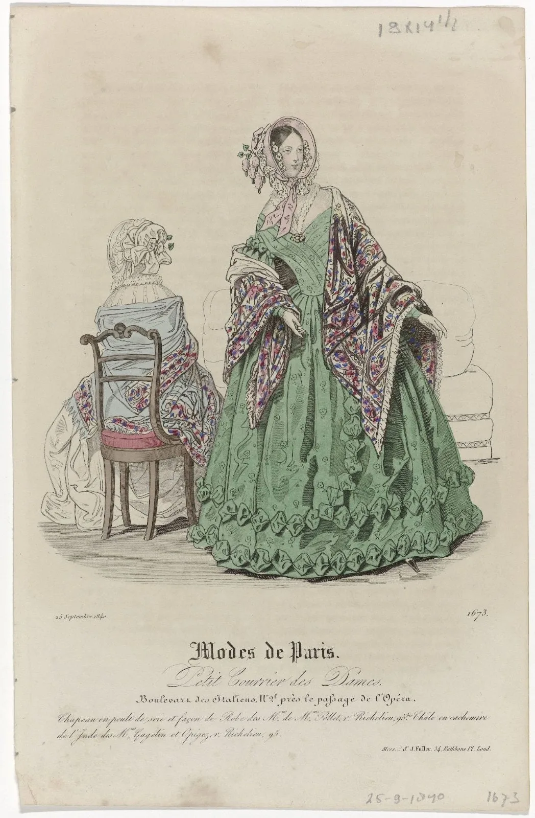 Petit Courrier des Dames, 25 septembre 1840, No. 1673 : Chapeau en poult de soi (...)