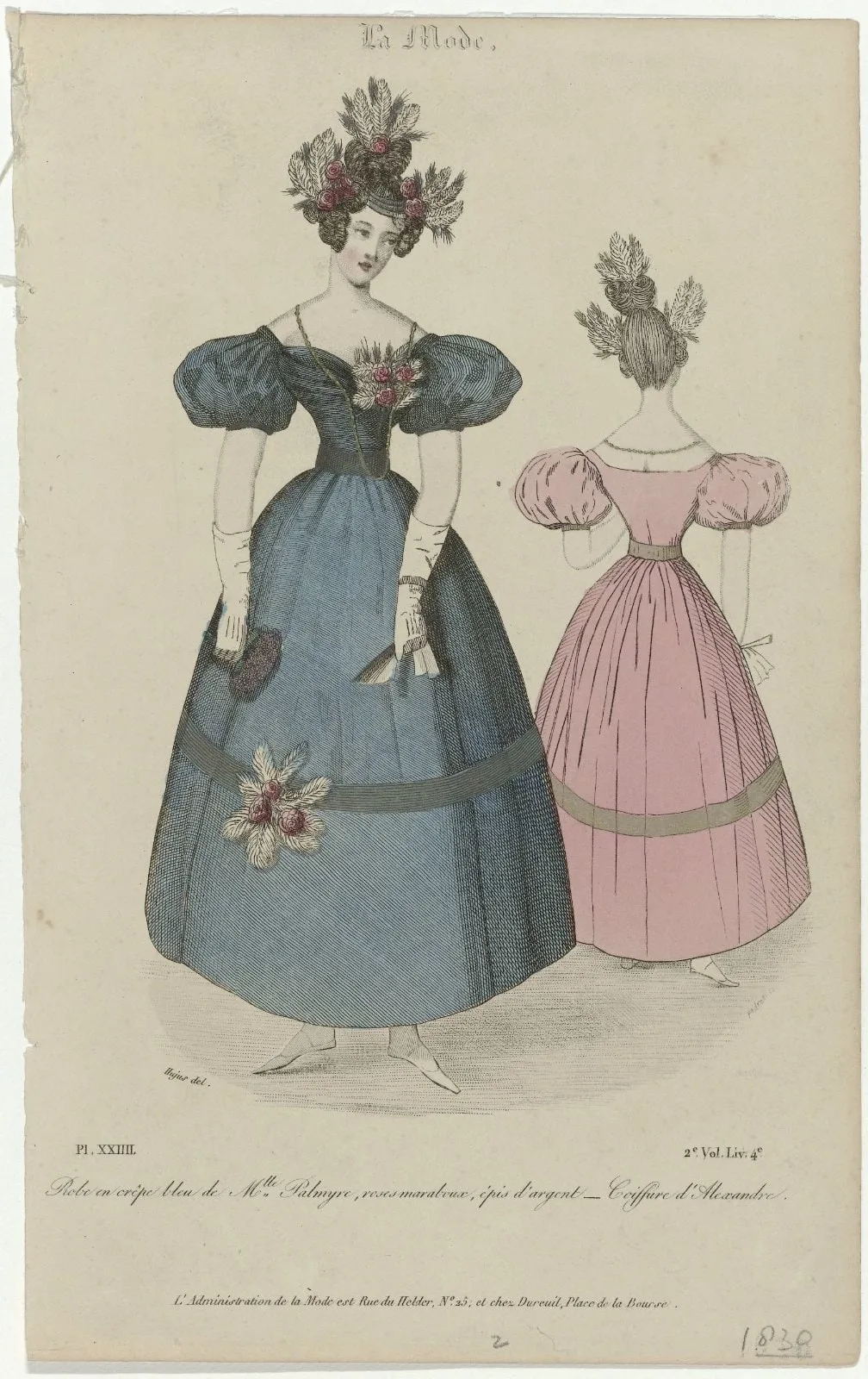 La Mode, 1830, 2e Vol. Liv. 4e, Pl. 24 : Robe en crêpe bleu (...)