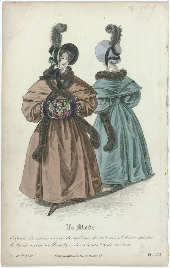 La Mode, 22 décembre 1832, Pl. 272 : Capote de satin ornée de rubans (...)