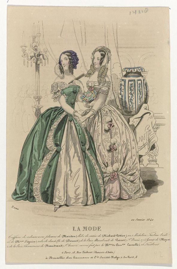 La Mode, 22 janvier 1842 : Coiffure de velours avec plumes (...)