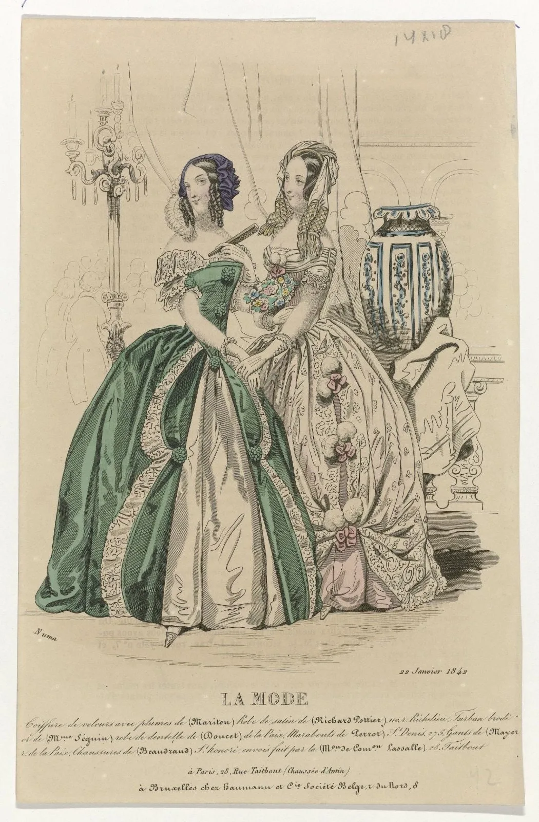 La Mode, 22 janvier 1842 : Coiffure de velours avec plumes (...)