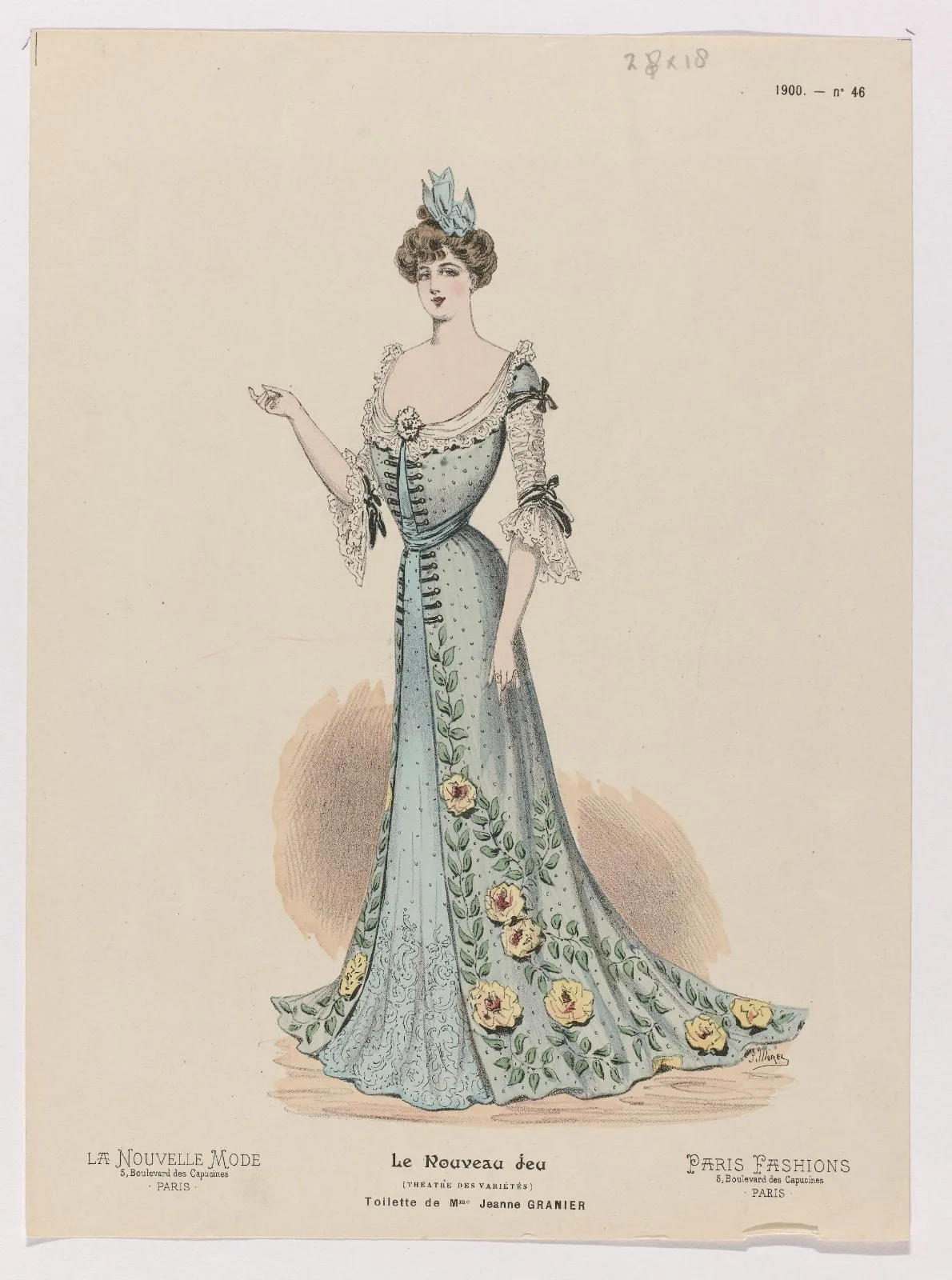 La Nouvelle Mode, Le Nouveau jeu, Paris Fashions, 1900, No. 46 : Toilette de Mme Jeanne Granier