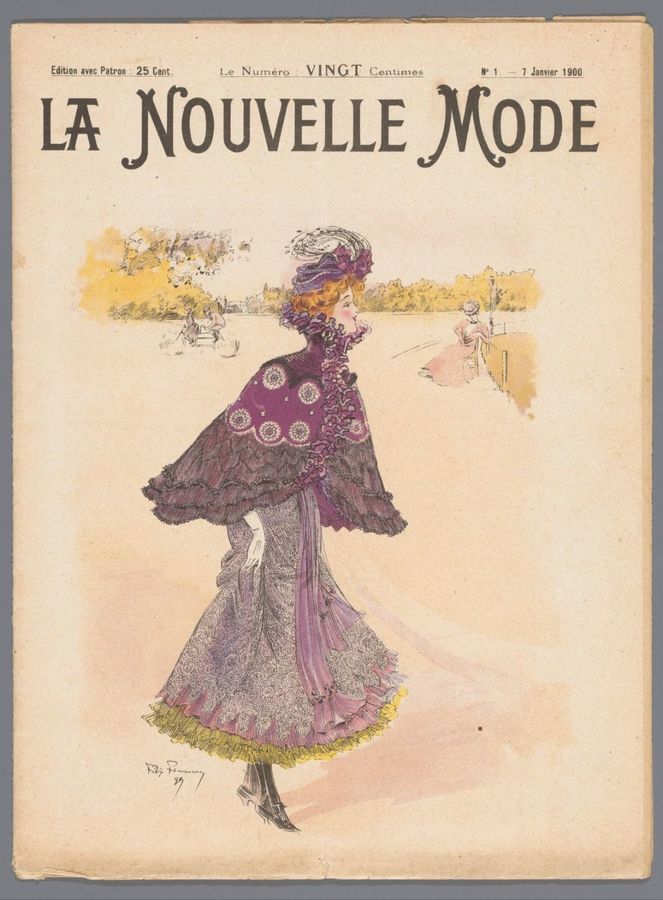 La Nouvelle Mode, No. 1: 1 Janvier 1900: omslag met lopende dame met pellerine