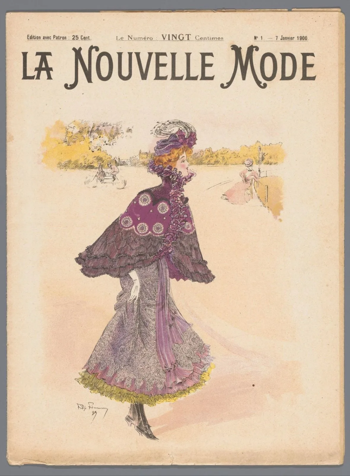 La Nouvelle Mode, No. 1: 1 Janvier 1900: omslag met lopende dame met pellerine