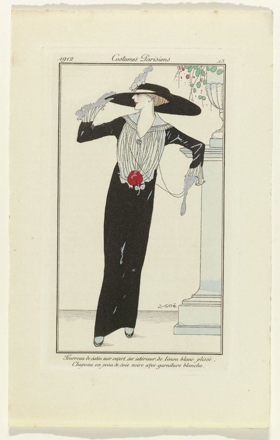 Journal des Dames et des Modes, 1912, Costumes Parisiens, no. 13: Fourreau de satin noir (...)